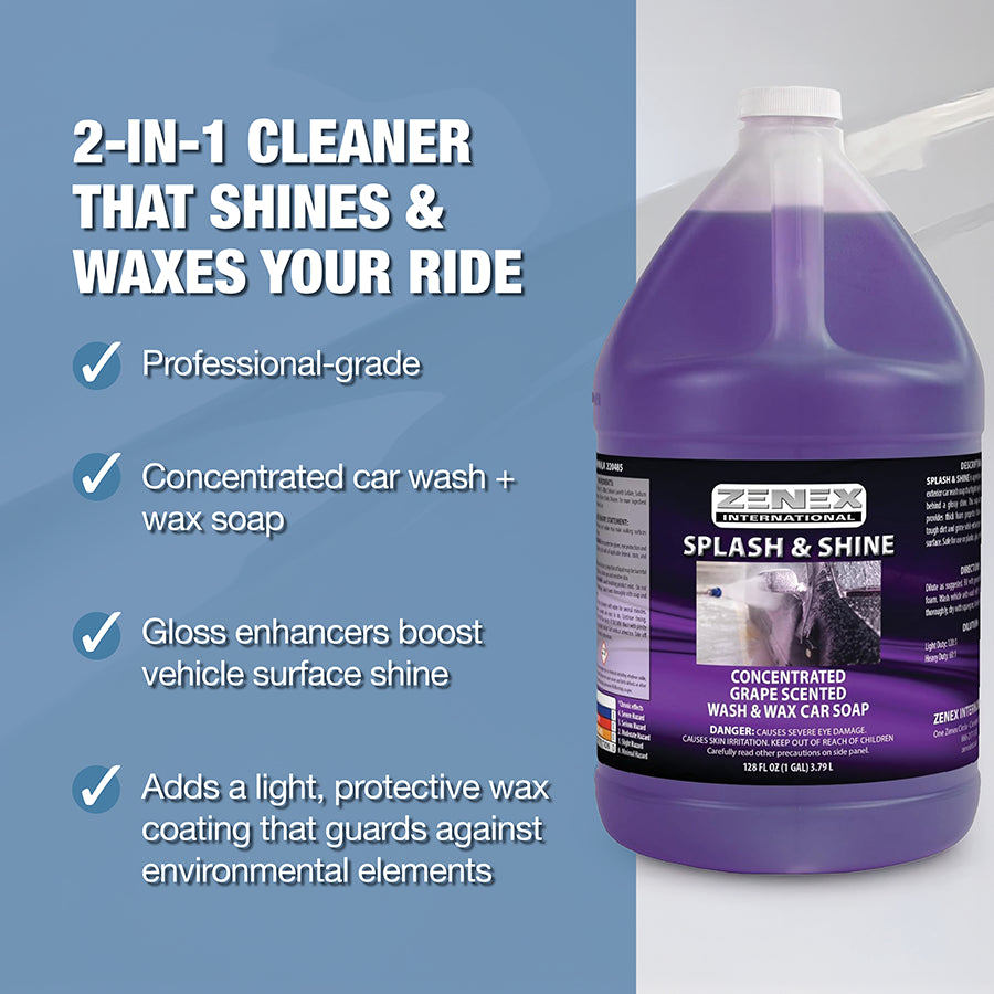 Product image with product feature list:
2-in-1 cleaner that shines & waxes your ride
- Professional grade
- Concentrated car wash + wax soap
- Gloss enhancers boost vehicle surface shine
- Adds a light, protective wax coating that guards against environmental elements