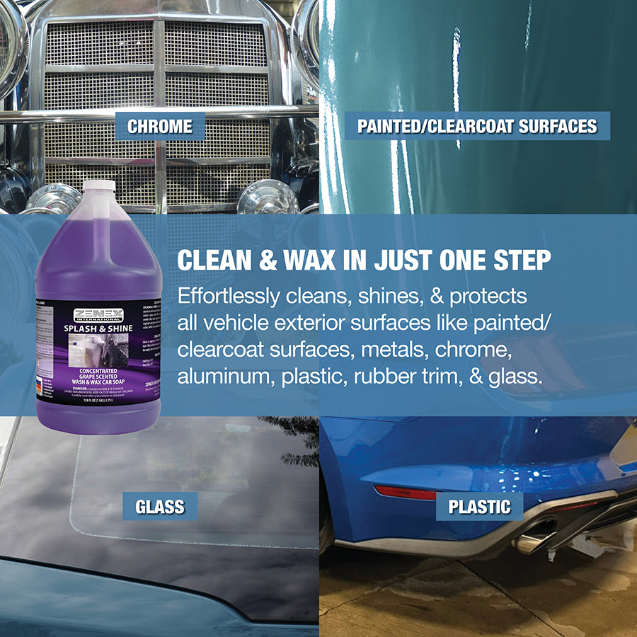 Product image showing the product used on chrome, painted / clearcoat surfaces, glass, and plastic with text: Clean & wax in just one step. Effortlessly cleans, shines, & protects all vehicle exterior surfaces like painted / clearcoat surfaces, metals, chrome, aluminum, plastic, rubber trim, & glass.