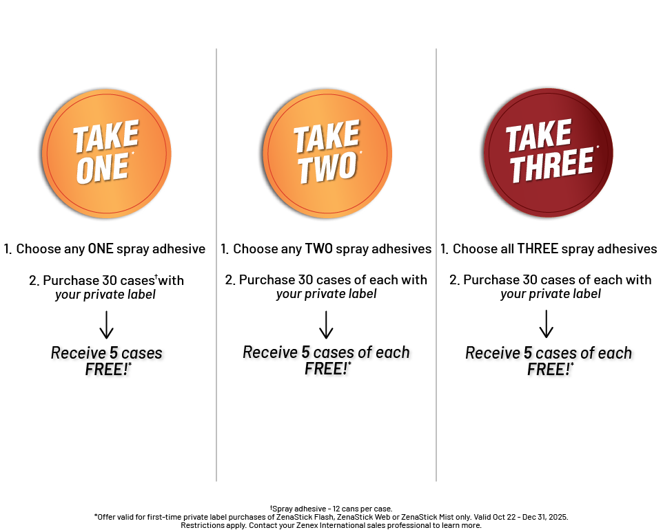 Promotional offer graphic with 'Take One', 'Take Two', and 'Take Three' spray adhesive options.