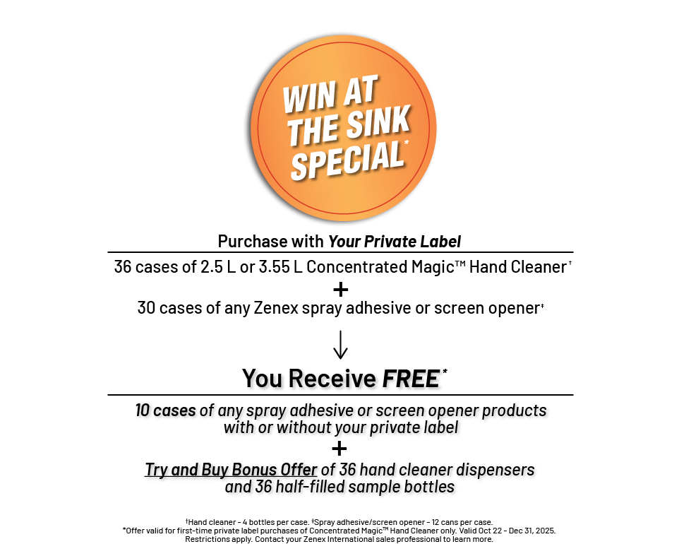 Promotional offer for a private label product partnership with Zenex spray adhesive or screen opener.
